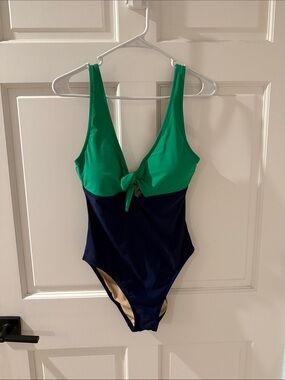 J. Crew Green and Navy One-Piece Swimsuit with Front Tie
